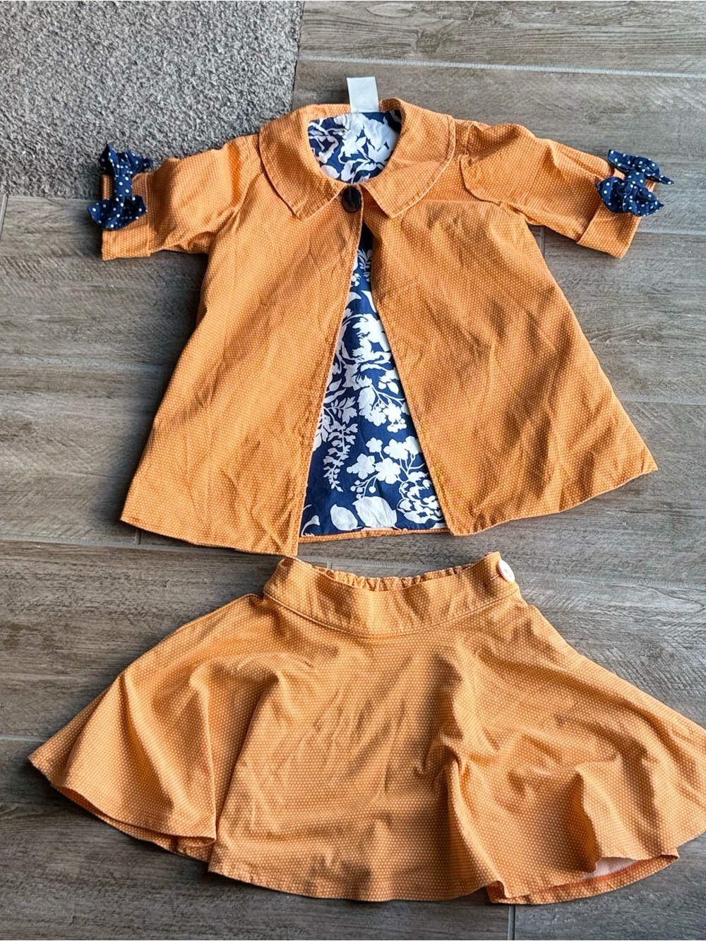 Persnickety Orange Dot Girls Set Jacket with Skirt Navy Floral Lining Size 5